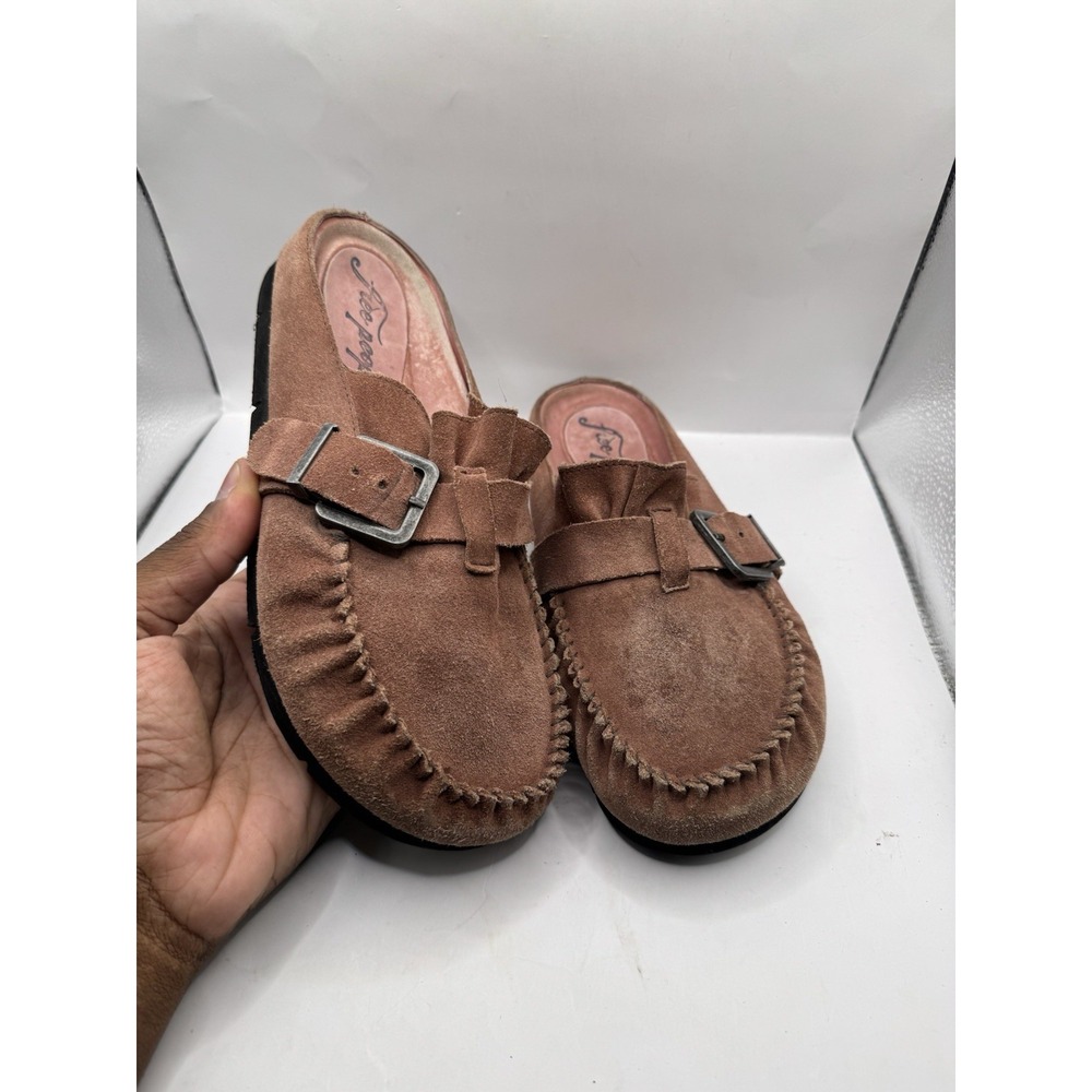 Free People After Riding Mules Pink Suede Buckle Moccasin Flats US 9